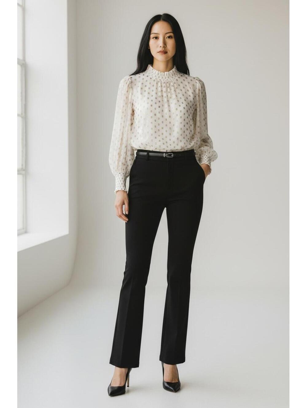NWT LOFT Sheer Ivory Shimmer Gold Clip Dot Mock Neck Ruffle Top, Size Large
